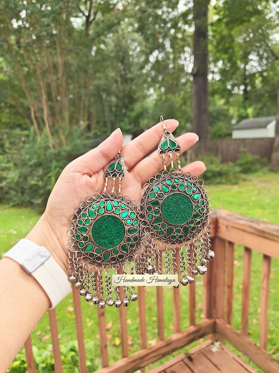 Vintage Green Afghan Earrings Oversized Glass Kuchi Jewelry