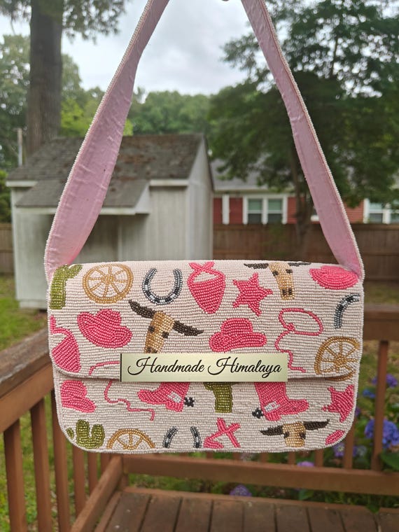 Western Beaded Shoulder Bag, Pink Cowgirl Purse with Cactus Boots, Handmade Rodeo Clutch, Yeehaw Bag, Country Gift for Her