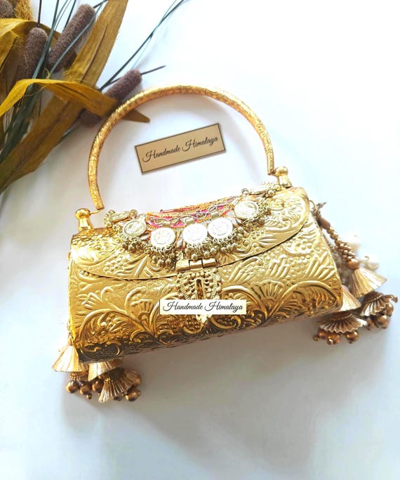 Vintage Gold Brass Clutch: Floral Engraved Banjara Wedding Metal Purse