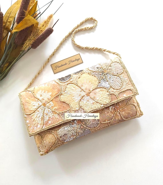 Champagne Bridal Clutch | Nude Beige Sequin Floral Purse Gray Accents