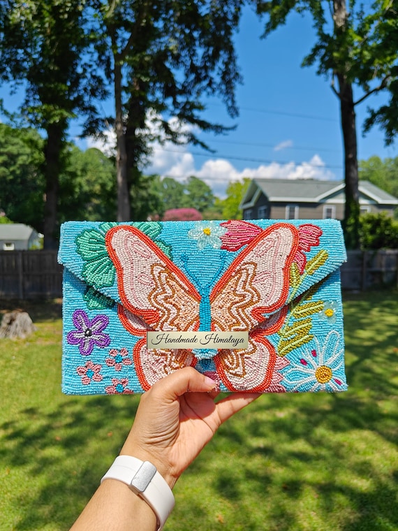 Butterfly Beaded Clutch, Blue Beaded Purse, Party Evening Handbag, Envelope Wristlet Bag, Gift for Her, Sling Purse Bag