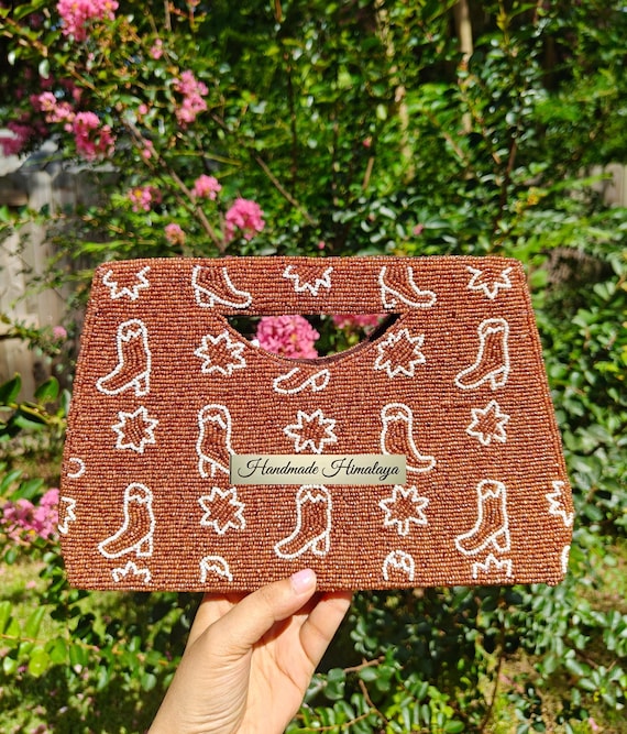 Cowboy Boot Clutch, Brown Beaded Purse, Crossbody Bag, Envelope Purse, Rustic Western Style Bag, Evening Clutch, Summer Bag, Gift for Her