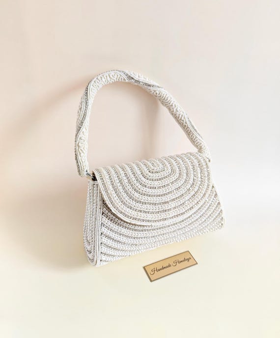 Bridal Beaded Bag, Pearl Handbag, White Statement Purse, Gift for Bridesmaids, Party Evening Clutch, Elegant Luxury Wedding Accessories