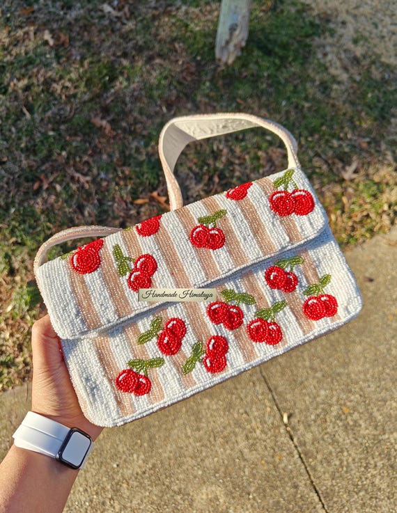Red Cherries on Rose Gold Stripes Beaded Bag