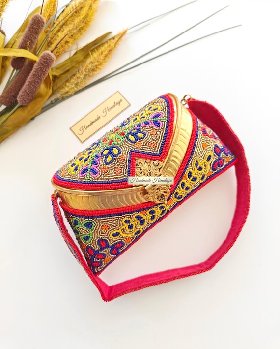 Handmade Beaded Brass Clutch | Colorful Floral Gold Metal Bag | Ethnic Mosaic Wedding Evening Purse