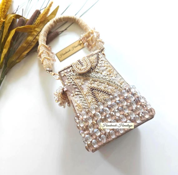 Gold Beaded Bag | Crystal Embroidered  Bridal Top Handle Box Potli Bag