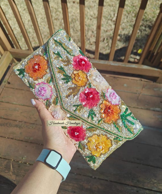 3D Floral Beaded Envelope Clutch | Gold Sequin Flower Evening Bag | Vintage Style Bridal Crossbody Handbag