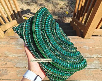 Green Clutch, Beaded Purse, Crossbody Purse, Party Bag, Evening Clutch Green, Beaded Clutch, Crystal Clutch, Nikah Wedding Purse Emerald