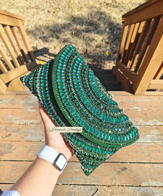 Green Clutch, Beaded Purse, Crossbody Purse, Party Bag, Evening Clutch Green, Beaded Clutch, Crystal Clutch, Nikah Wedding Purse Emerald