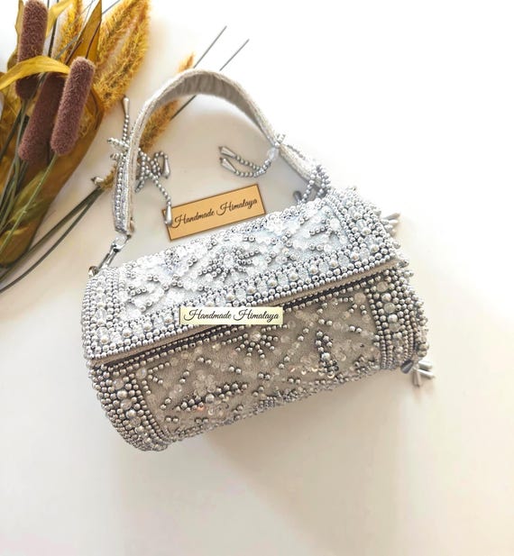 Gray Beaded Purse | Silver Bridal Wedding Evening Top Handle Bag