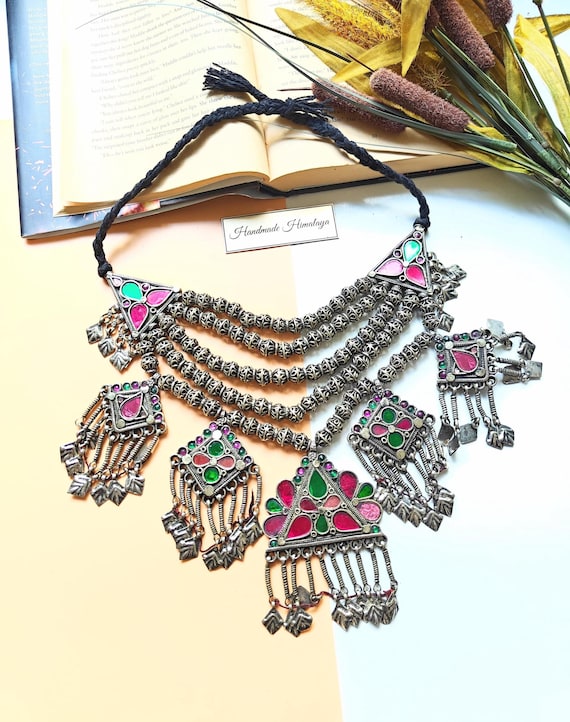 Vintage Kashmiri Necklace, Tribal Kuchi Pendant Choker, Ethnic Afghan Jewelry