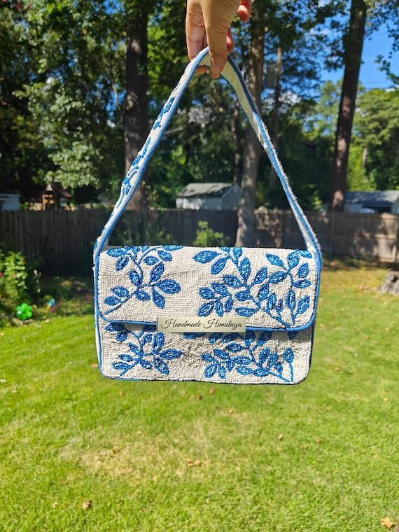 Handmade Blue Floral Beaded Shoulder Bag | Embroidered Tote Evening Bag | Elegant Wedding Party Accessory | Gift for Her | Dupe Bag