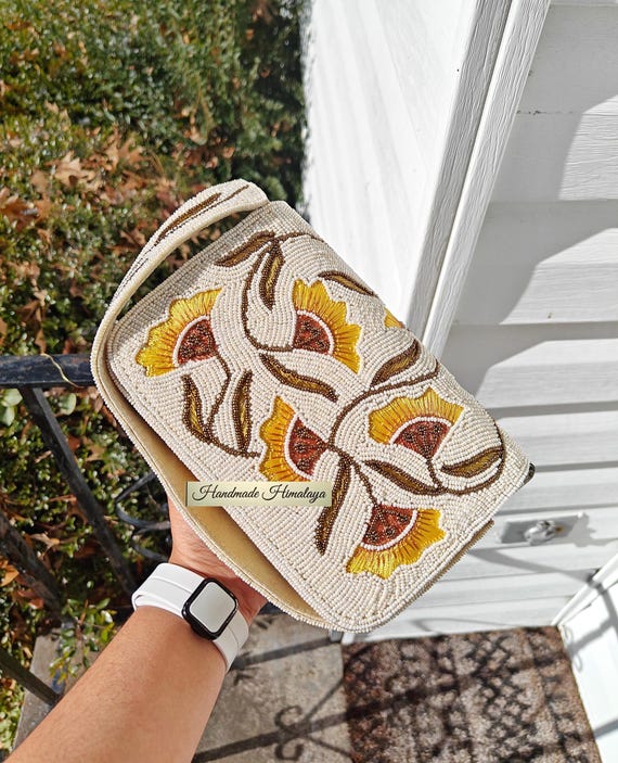 White Yellow Floral Beaded Clutch | Gold Flower Embroidered Purse | Boho Wedding Evening Bag