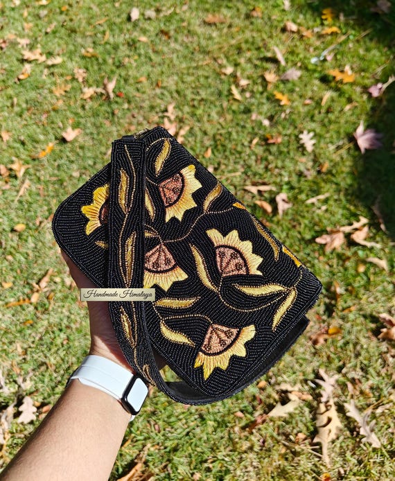 Black Beaded Bag, Wedding Bridal Yellow Flower Purse, Party Evening Handbag