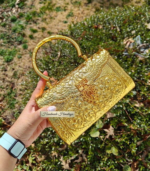 Brass Gold Clutch Bag with Boho Metal Design and Antique Wedding Style Metal Handbag