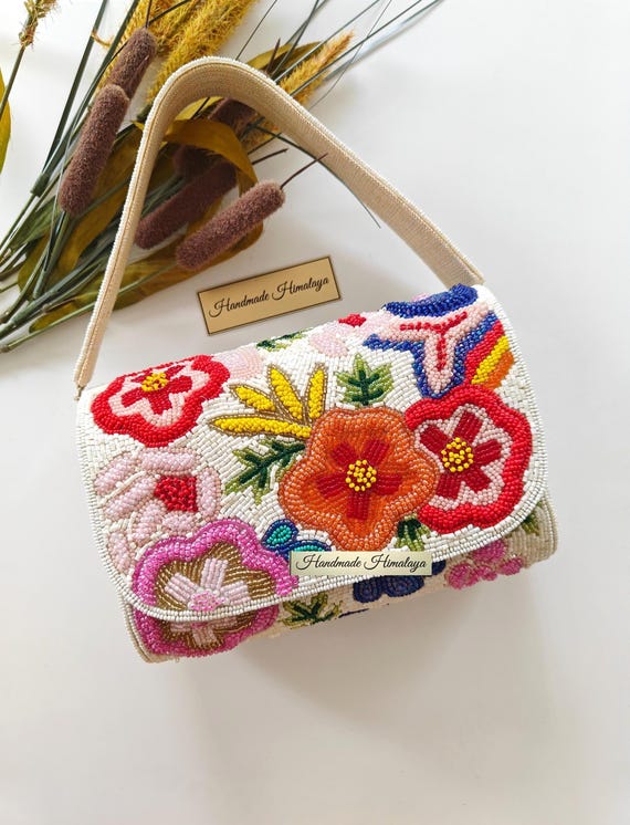 Handmade 3D Floral Beaded Handbag, Colorful Embroidered Clutch, Boho Wristlet Purse