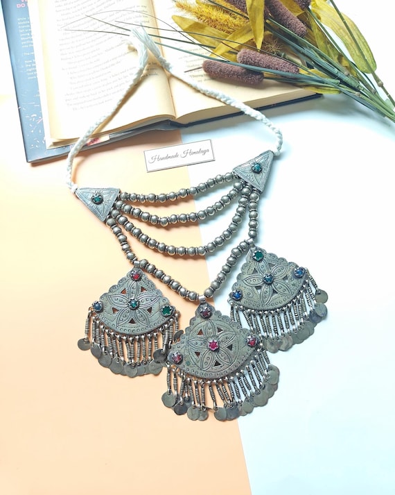 Vintage Kashmiri Necklace Antique Kuchi Afghan Jewelry Three Pendants Gypsy Ethnic Tribal Choker