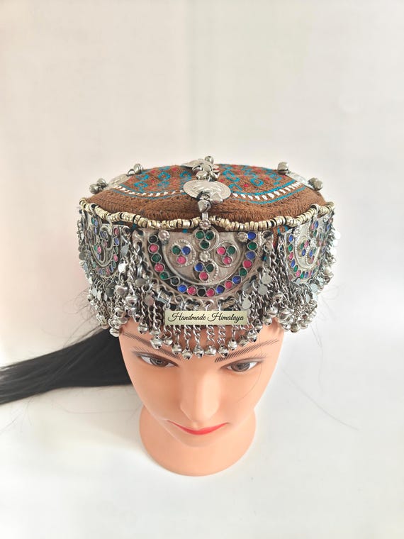 Embroidered Afghan Halima Sultan Cap Tribal Belly Dance Headpiece Brown Traditional Hat