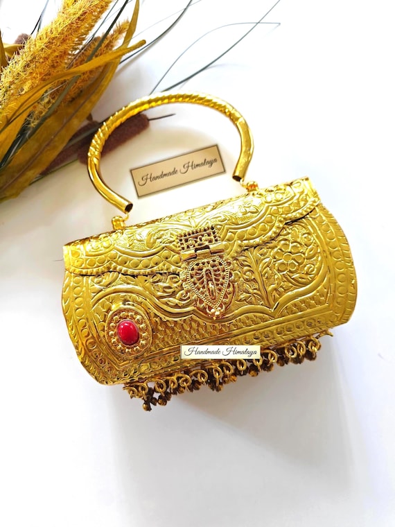 Vintage Gold Metal Bag | Boho Floral Engraved Brass Handbag