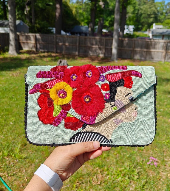 Colorful Beaded Clutch, Beaded Purse, Lady With Flowers Bag, Party Evening Clutch, Summer Crossbody Bag, Statement Clutch, Beadwork Purse