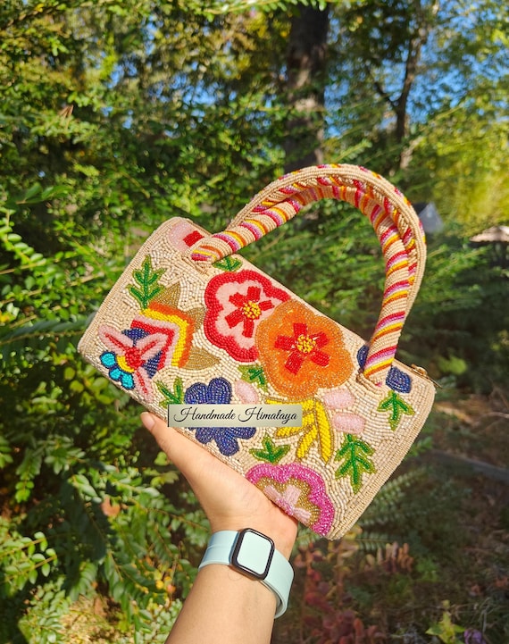 Gold Floral Beaded Handbag | Colorful Flower Embroidered Top Handle Purse