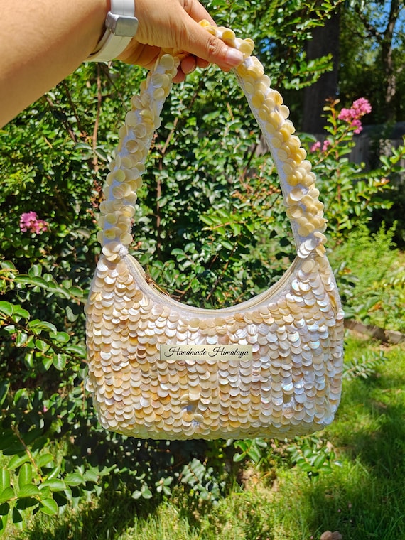 Mother of Pearl Bag, Wedding Shoulder Bag, Coastal Purse, Sea Shell Evening Bag, Beach Accessory, Bride Handbag, Ivory Bag, Pearl Bridal Bag