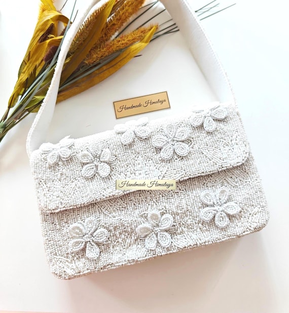 Floral White Beaded Bag | 3D Flower Bridal Purse | Handmade Wedding Shoulder Handbag