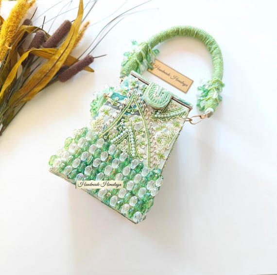 Green Beaded Bridal Bag | Crystal Wedding Top Handle Evening Purse