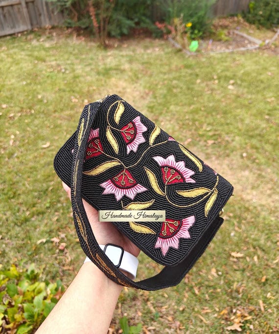 Black Floral Beaded Clutch | Pink Green Embroidered Evening Bag | Cherry Blossom Wedding Bridal Handbag