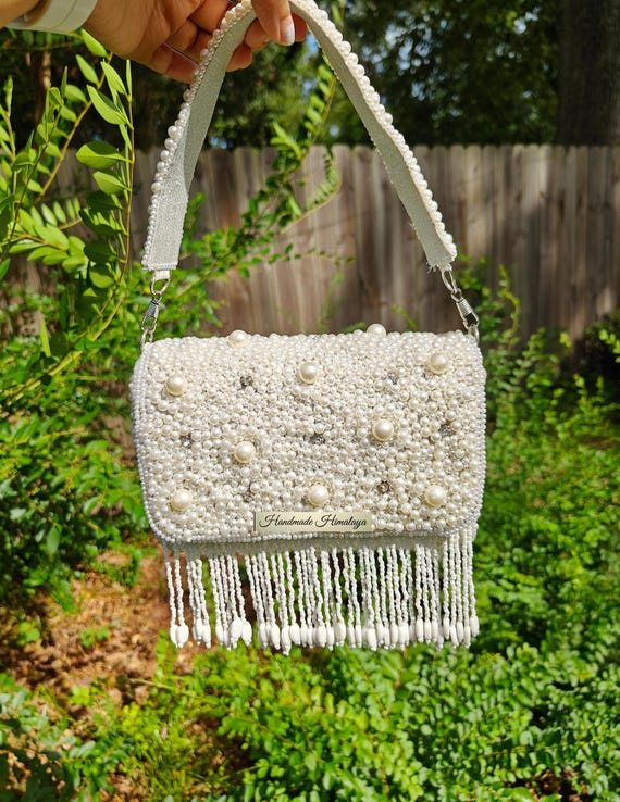 Pearl Clutch, White Beaded Bridal Bag for Weddings and Bridesmaids, Evening Party Purse with Fringe, Gift for Her, Bridal Handbag