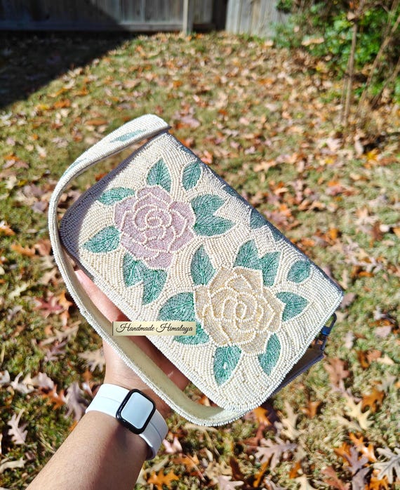 Pastel Floral Beaded Clutch | Pink Gold Rose Flower Purse | Gala Pageant  Evening Bag