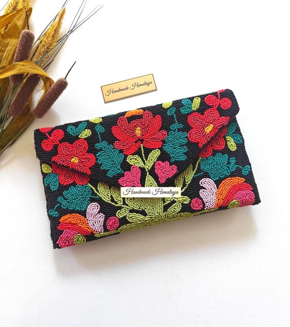 Black Floral Beaded Clutch | Colorful Wedding Guest Purse | Boho Evening Bag