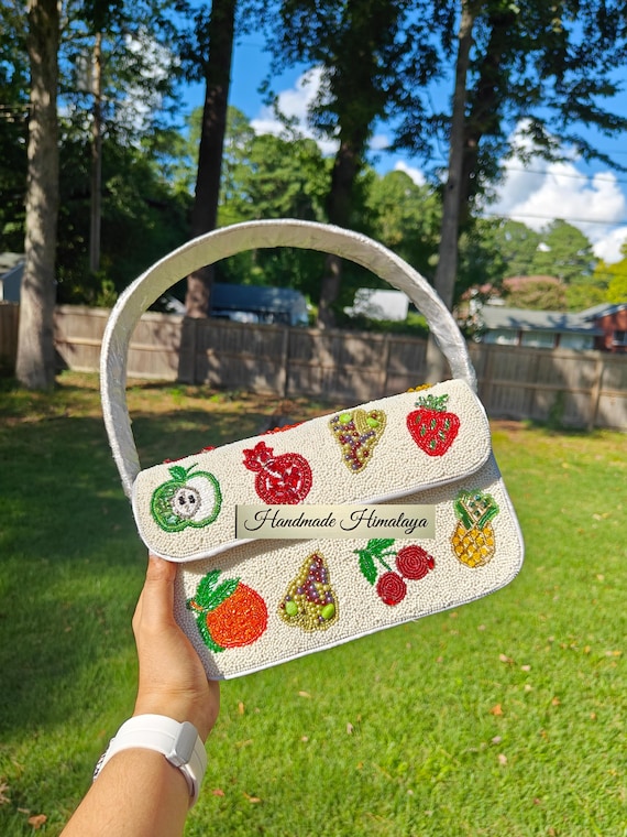 Fruit Beaded Shoulder Bag, White Beaded Bag, Fruit Embroidery Purse, Apple Cherry Bag, Gift for Her, Beaded Purse, Designer Beaded Handbag