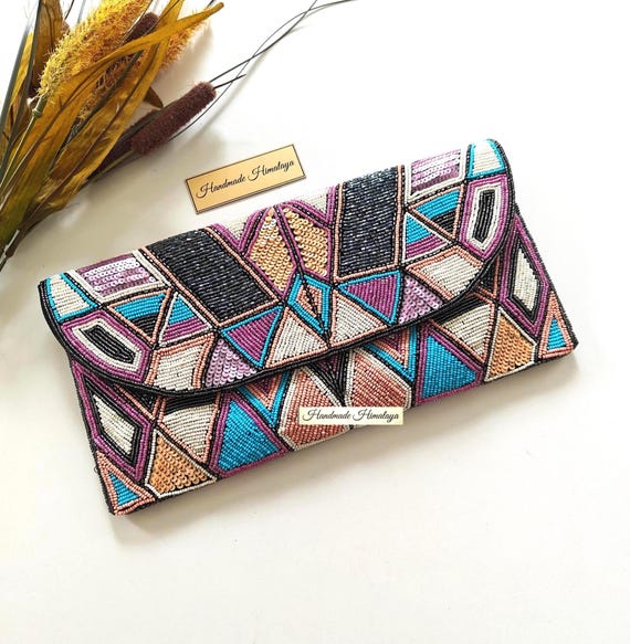 Multicolor Geometric Beaded Clutch | Statement Evening Purse