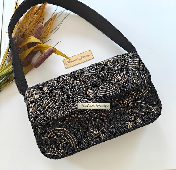 Cosmic Celestial Beaded Bag | Sun Eye Mystical Shoulder Purse | Astrology Handcrafted Wedding Handbag