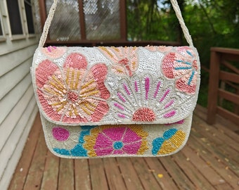 Pink White Floral Beaded Bag, Beaded Box Bag, Seed Bead Handbag, Shoulder Beaded Purse, Party Evening Purse, Gift for Her, Unique Clutch