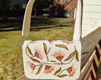 Peach Floral Beaded Bridal Purse | Ivory White Wedding Evening Bag