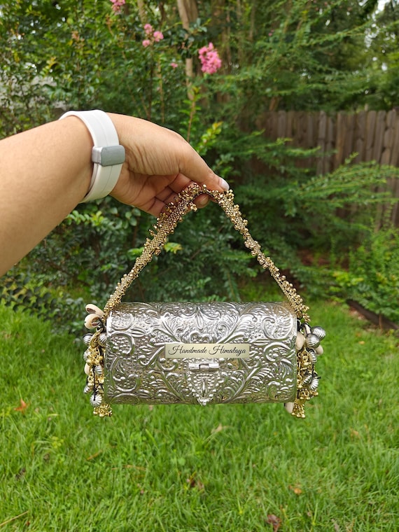 Silver Metal Purse, Vintage Wedding Bag, Antique Silver Clutch, Banjara Purse, Indian Festival Bag, Crossbody Bag, Cowrie Brass Clutch