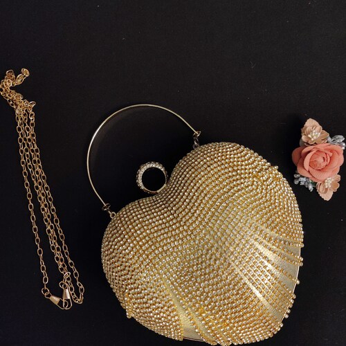 Golden Clutch Purse, Golden orders Party Clutch, Party Clutch Purse, Rhinestones Beaded Purse, Heart Shaped Clutch Purse, Golden Heart Purse