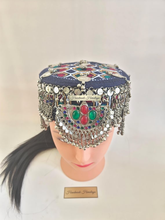 Embroidered Afghan Mathapati Cap: Halima Sultan Style Jewel Embellished Blue Hat