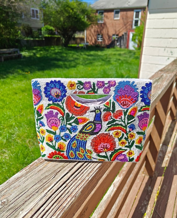 Colorful Floral Beaded Bag – Handmade Peacock Embroidery Clutch – Boho Statement Handbag – Unique Indian Beaded Purse – Gift for Her