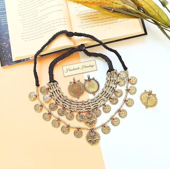 Vintage Afghan Kuchi Jewelry Set | Gold Brass Coin Choker | Boho Belly Dance Festival Accessory
