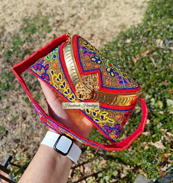 Beaded Brass Bag, Gold Metal Clutch, Indian Wedding Purse
