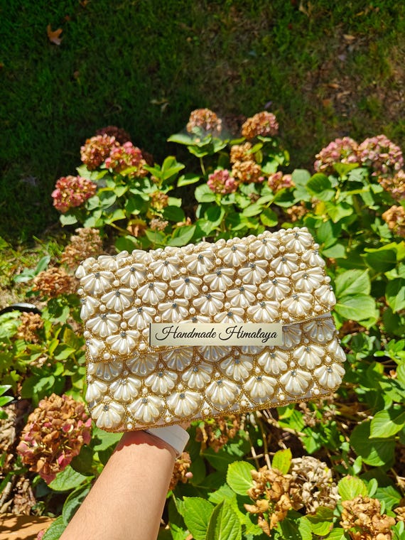 Ivory Pearl Gold Bridal Clutch | Scalloped Design Beaded Wedding Purse