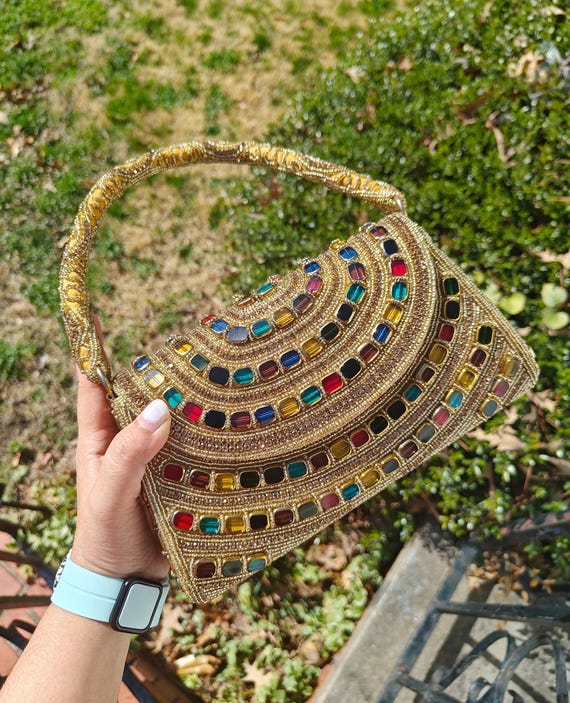 Gold Beaded Bag | Emerald Ruby Sapphire Jewel Evening Clutch | Rainbow Crystal Wedding Guest Party Purse