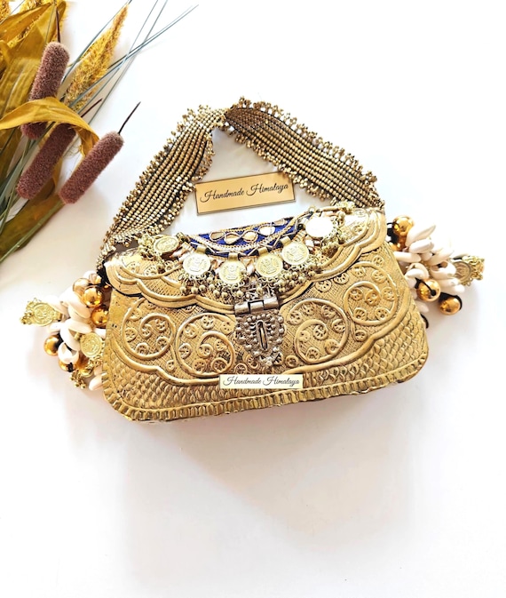 Vintage Gold Brass Clutch | Floral Engraved Banjara Wedding Metal Purse