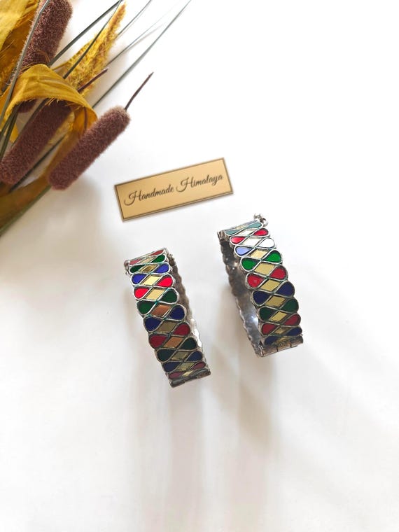 Colorful Kuchi Mirror Bangles | Vintage  Silver Tribal Bracelets | Boho Ethnic Festival Arm Jewelry