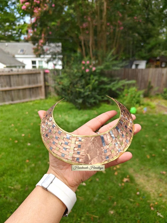 Copper Brass Silver Collar Necklace, Ethnic Tribal Choker with Woven Design, Boho Statement Metal Jewelry, Tribal Hasli Vintage Jewelry