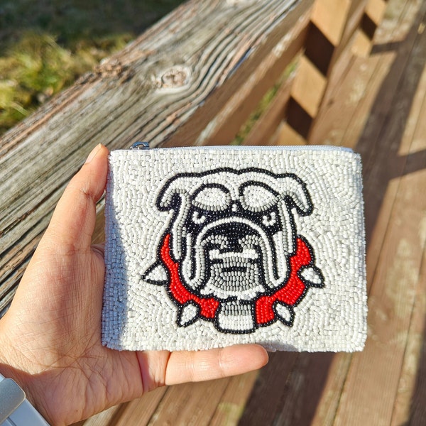 Beaded Bull Coin Purse, Double Side Beaded Coin Pouch, Bulldog Purse, Georgia, BullDog, White Coin Purse, College Football Purse