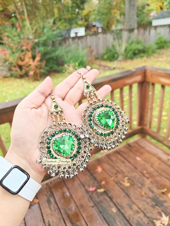 Vintage Afghan Earrings Green Kuchi Tribal Stone Jewelry Dangle Belly Dancer